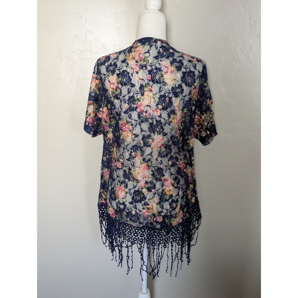 Sweet Rain Kimono‎ Womens Small Floral Lace Cardigan Cover up Boho Romantic Blue
